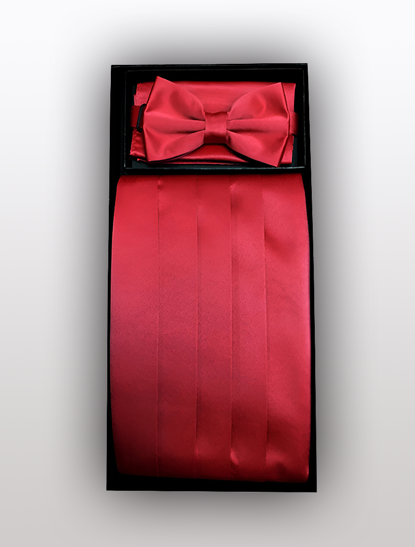 The Men's Poly Red Cummerbund with Bow Tie & Hanky from Vesuvio Napoli comes in a sleek black box, making it perfect for any tuxedo occasion.
