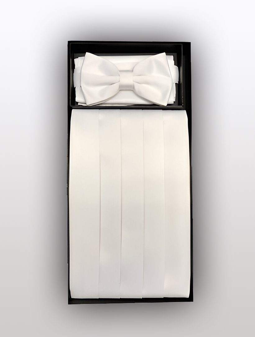 The Men's Poly White Cummerbund with Bow Tie & Hanky by Vesuvio Napoli is elegantly packaged in a sleek black box, making it the perfect tuxedo accessory for your formal wear collection.