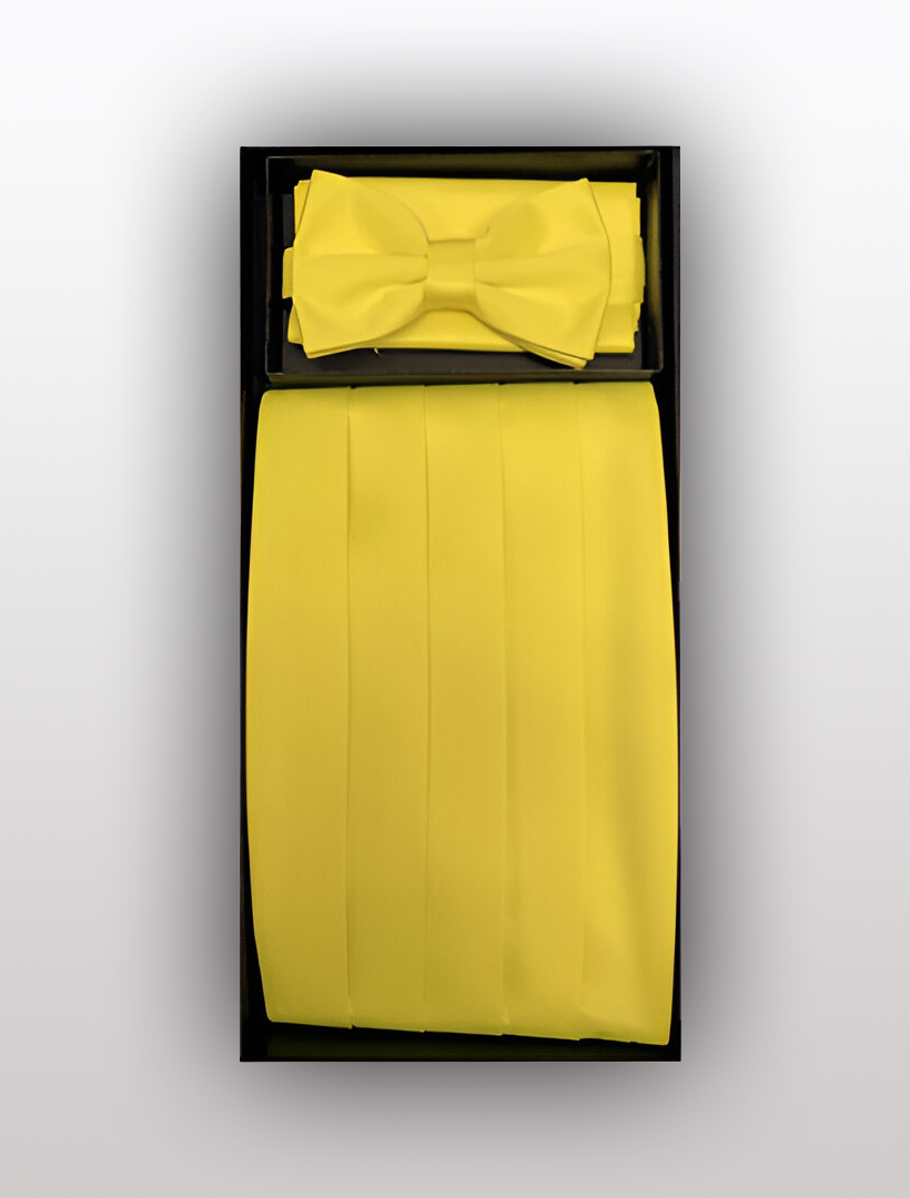 Introducing the Vesuvio Napoli Men's Poly Yellow Cummerbund with Bow Tie & Hanky, a stylishly assembled set ideal for formal attire, presented in an elegant black box.
