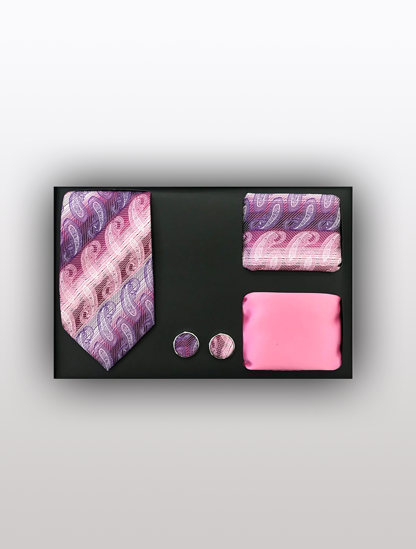 Introducing the Men's Four Piece Pink and Purple Paisley Stripe Patterned Gift Box by Vesuvio Napoli, which includes a slim fit purple and pink paisley tie, a coordinated pocket square, a pink silk handkerchief, and chic round cufflinks—ideally packaged for formal occasions.