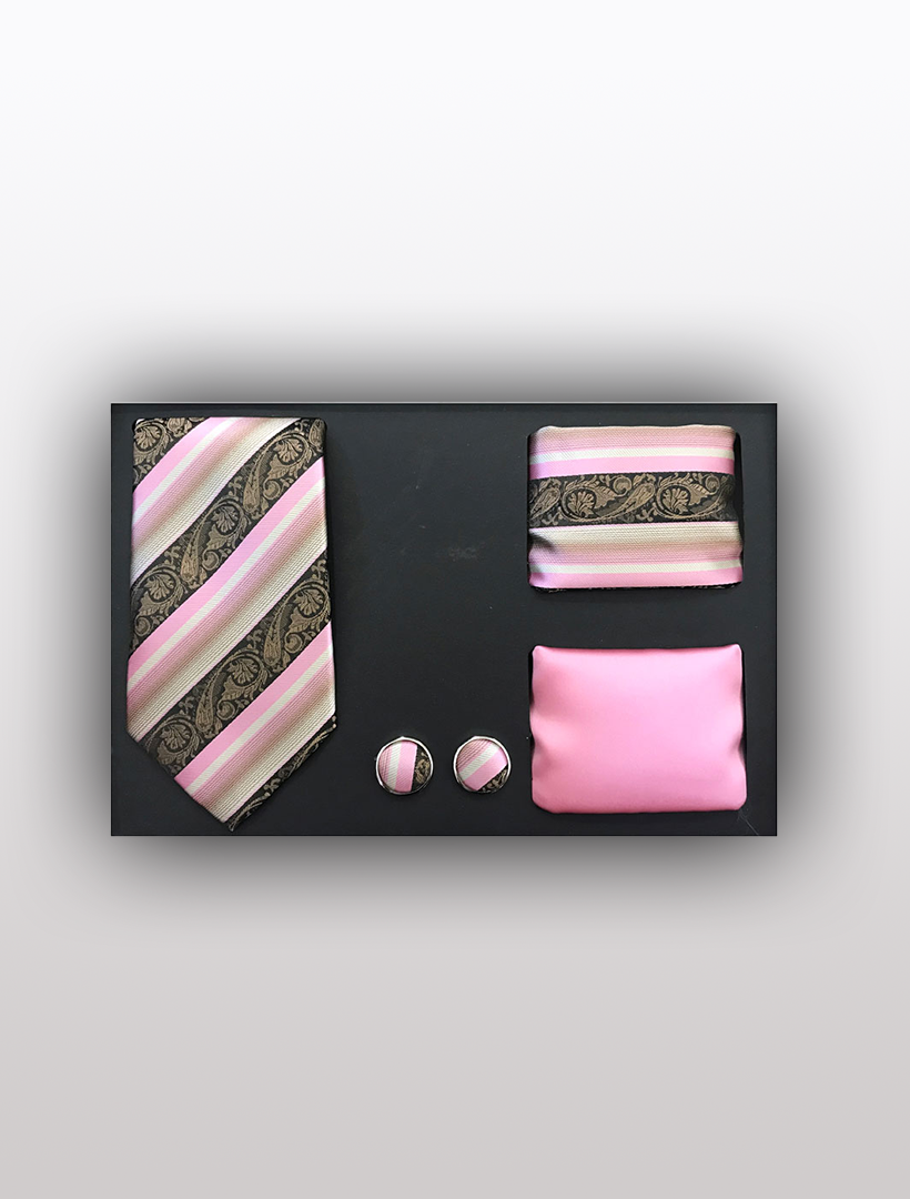 The Vesuvio Napoli Men's Four Piece Pink Paisley Stripe Patterned Gift Box is an elegant choice, offering a slim fit tie, matching cufflinks, pocket square, and handkerchief in pink, gold, and black—ideal for formal occasions.