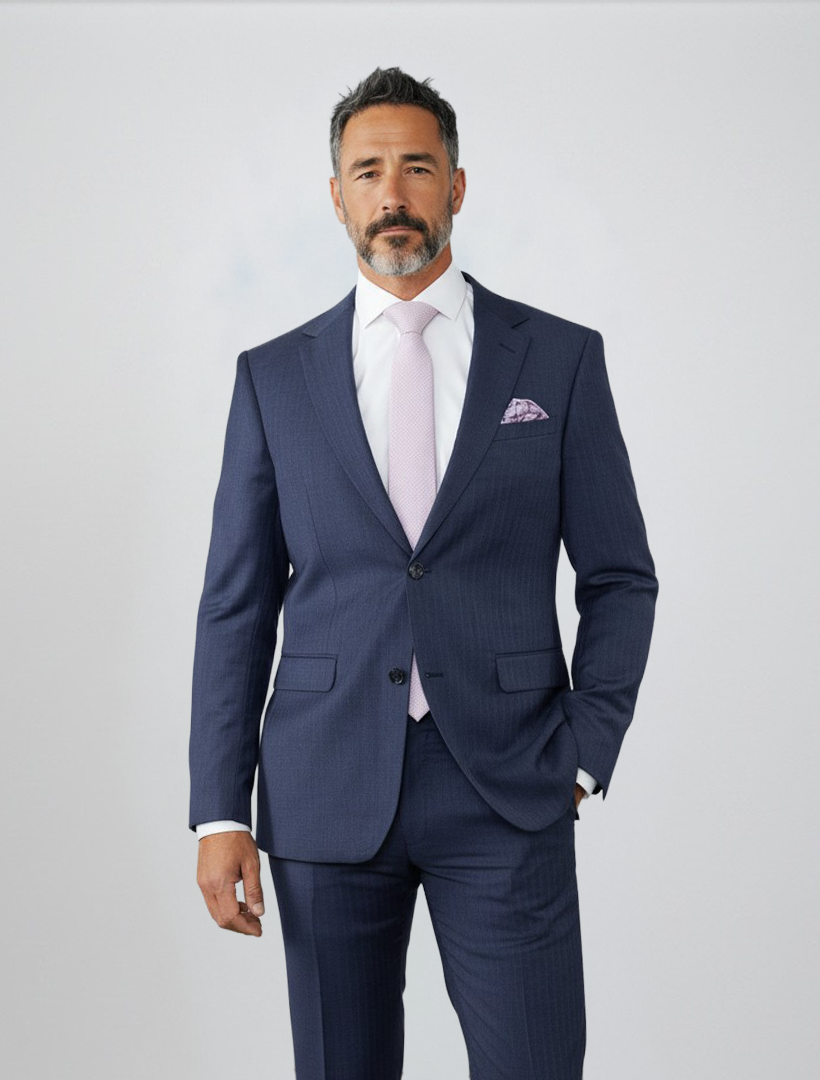 A man with short hair and a beard is wearing the Douglas Grahame Men’s Blue Double Stripe Wool Slim Fit Suit, paired with a white dress shirt and light pink tie, standing against a plain light background.