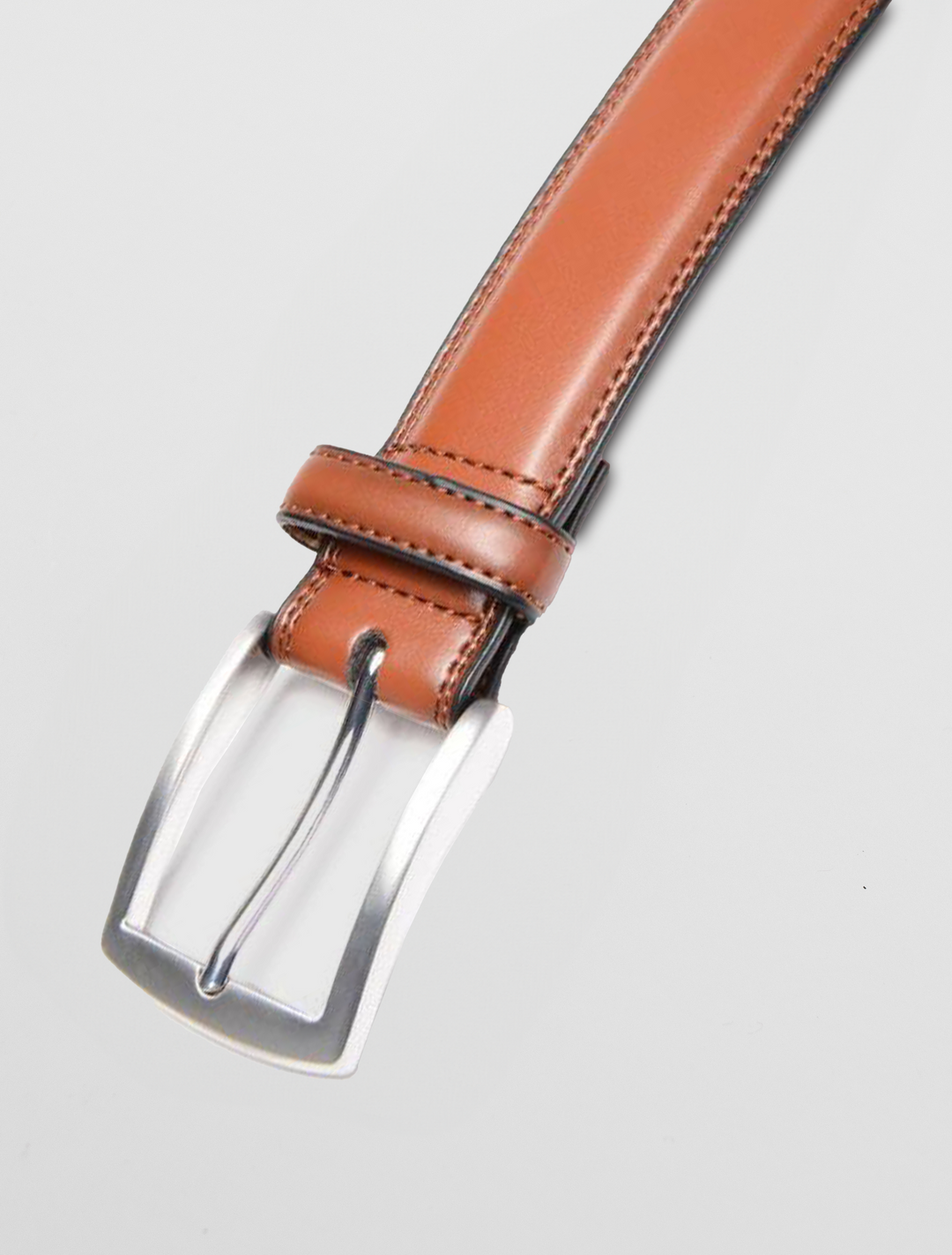 A Men's Brown Leather Belt with a stylish brushed pin buckle from Carlo Fellini rests on a white surface.