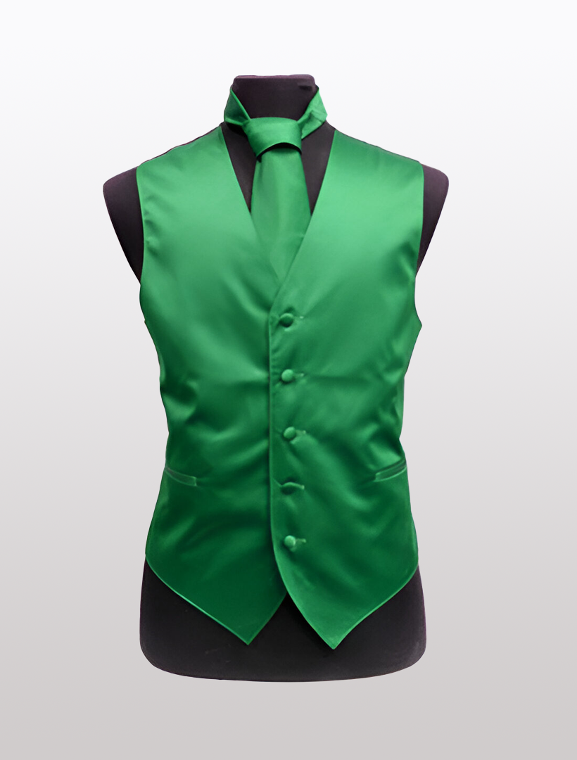 The Men's Solid Satin Emerald Green Tuxedo Vest by Ckl is elegantly displayed on a mannequin, featuring buttons, a matching tie, and an adjustable strap for the perfect fit.
