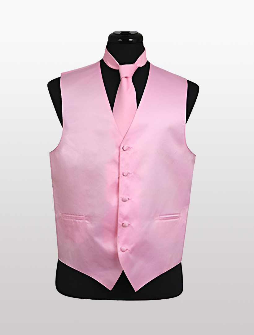 A Men's Solid Satin Pink Tuxedo Vest by Ckl, featuring buttons and two pockets, elegantly drapes on a black mannequin. It's complete with an adjustable strap for the perfect fit and paired with a matching pink tie.