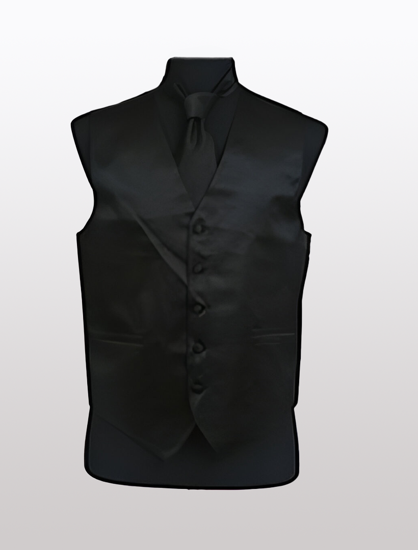 The Men's Solid Satin Black Tuxedo Vest by Ckl, featuring a matching tie, exudes a modern look against the plain background. Its adjustable strap ensures the perfect fit for any occasion.