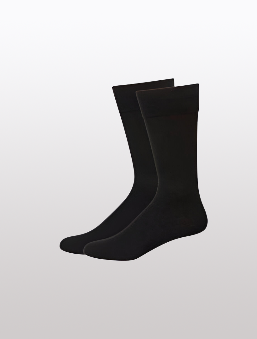 A pair of Karako Men Onyx Black Basic Dress Socks featuring ribbed stay-up cuffs, set against a plain white background.