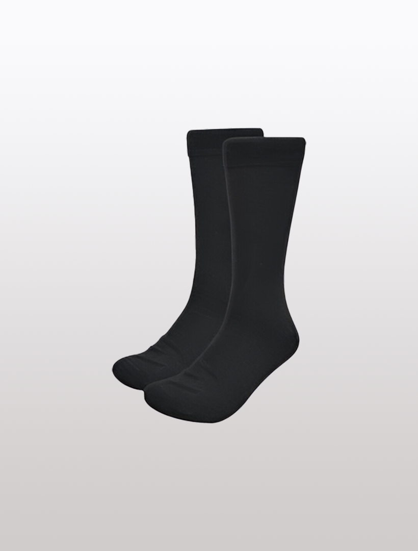 A pair of Karako Men Charcoal Basic Dress Socks with ribbed stay-up cuffs, set against a plain white background.