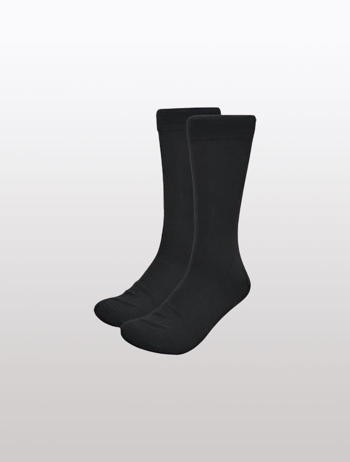 A pair of Karako Men Charcoal Basic Dress Socks with ribbed stay-up cuffs, set against a plain white background.