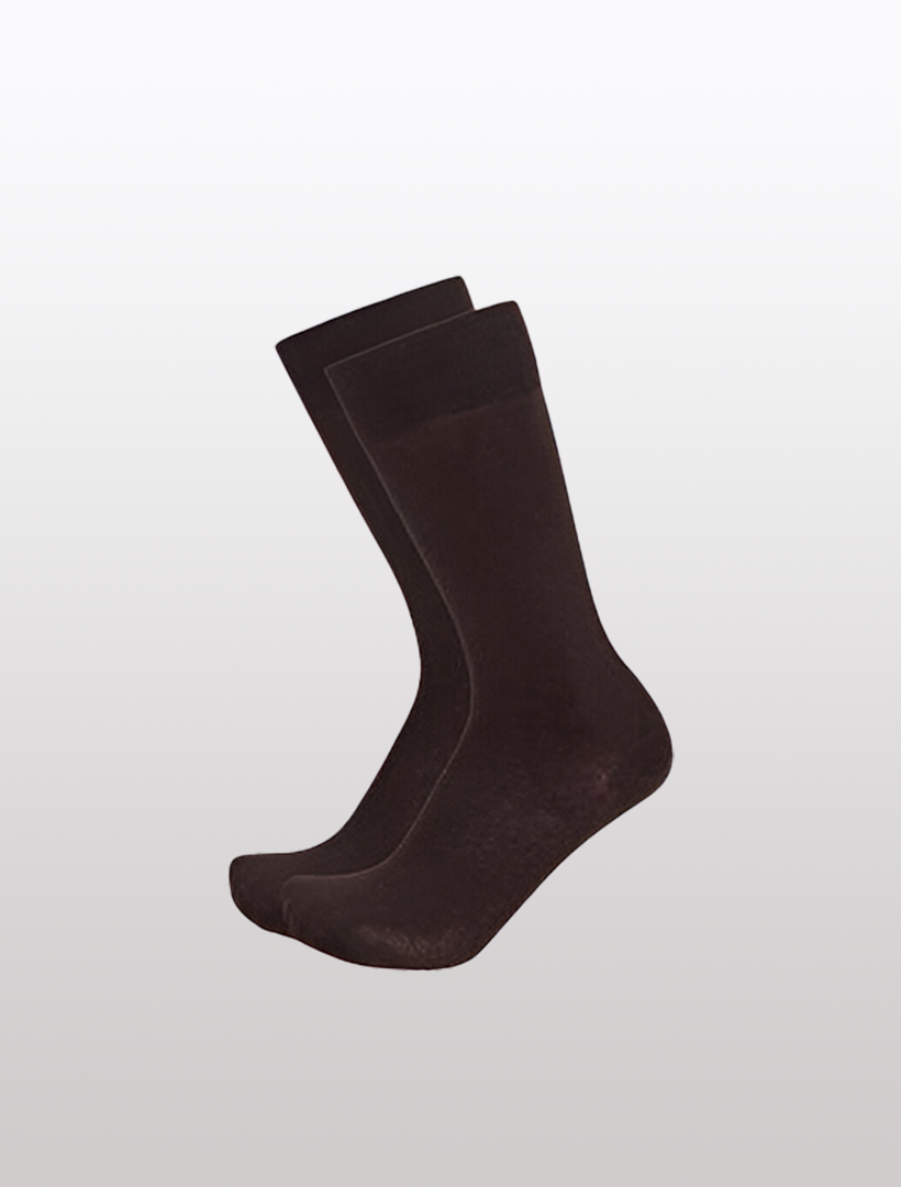 Two pairs of Karako Men Dark Brown Basic Dress Socks featuring ribbed cuffs are displayed against a light gray background.
