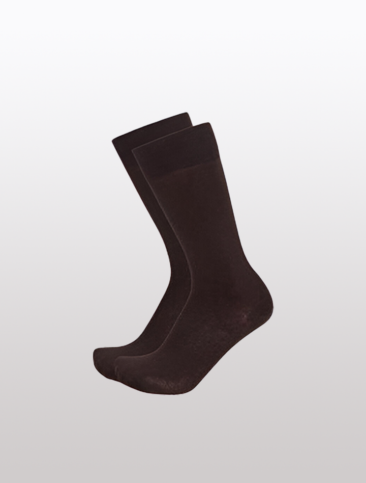 Two pairs of Karako Men Dark Brown Basic Dress Socks featuring ribbed cuffs are displayed against a light gray background.
