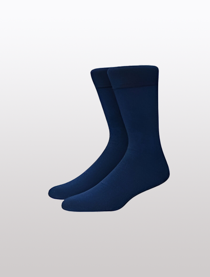 The Karako Men Navy Basic Dress Socks, featuring ribbed stay-up cuffs, sit perfectly against a light gray background and make an ideal gift.