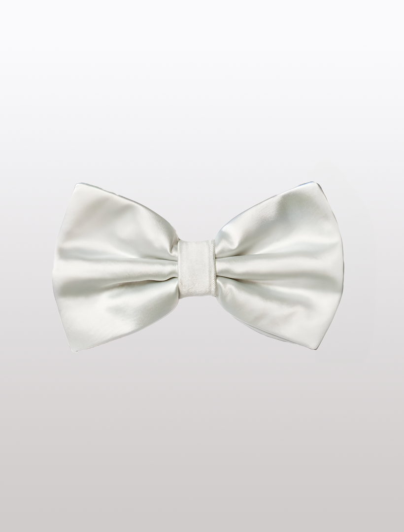 The Mens Adjustable Pre-Tied Satin Bowtie in White by Karako Collecti, ideal for a formal occasion, stands elegantly against a light gray background.