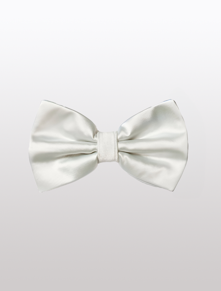 The Mens Adjustable Pre-Tied Satin Bowtie in White by Karako Collecti, ideal for a formal occasion, stands elegantly against a light gray background.