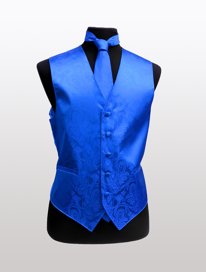 A mannequin showcases the Men's Paisley Royal Blue Tuxedo Vest by Ckl, crafted from satin fabric with an adjustable strap for the perfect fit, paired with a coordinating necktie.