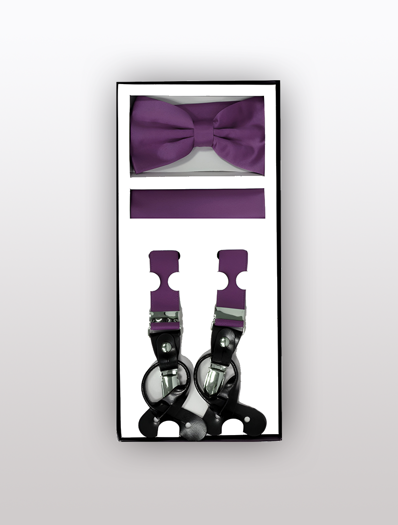 The Vesuvio Napoli Men's Skinny Eggplant 3 Piece Suspenders Set includes an elegant purple bow tie, a luxurious purple pocket square, and adjustable black suspenders with sophisticated purple accents.