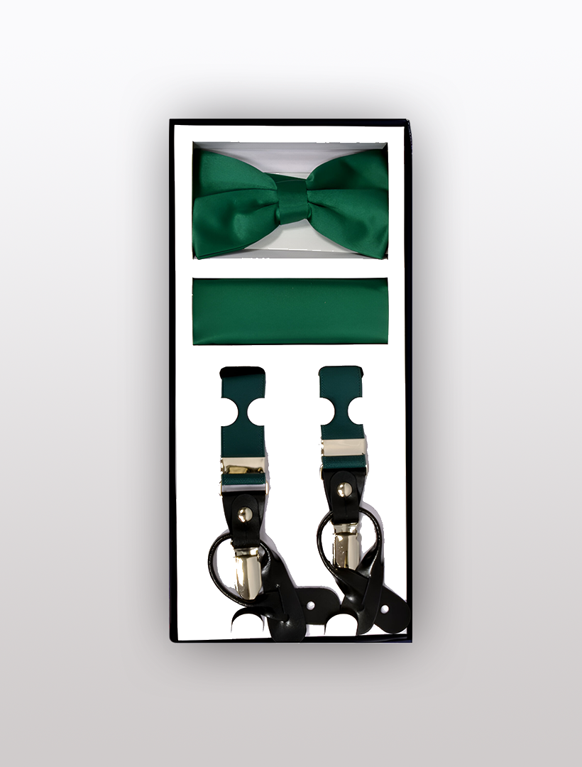 Men's Skinny Emerald 3 Piece Suspenders Set by Vesuvio Napoli, featuring an elegant emerald bow tie, coordinating pocket square, and versatile adjustable suspenders with an elastic strap, all stylishly packaged in a sleek black box.