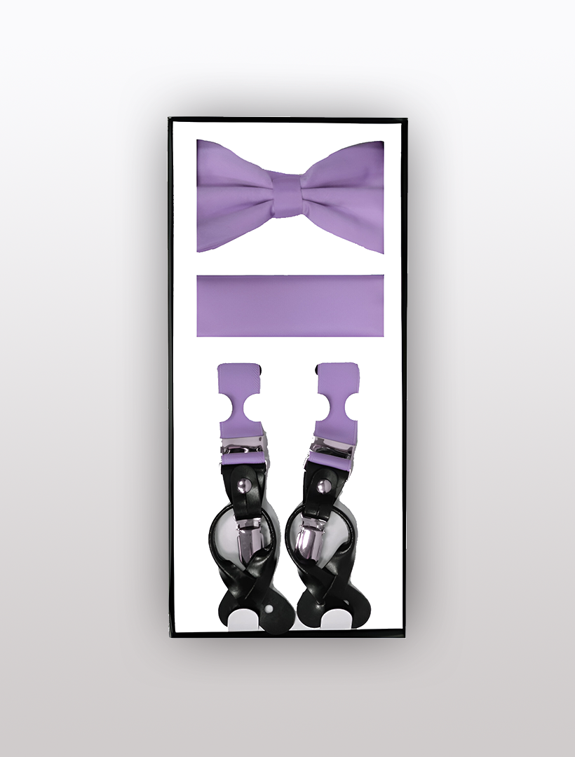 The Men's Skinny Lavender 3 Piece Suspenders Set by Vesuvio Napoli features a beautifully presented gift set including a lavender bow tie, pocket square, and a pair of adjustable suspenders.