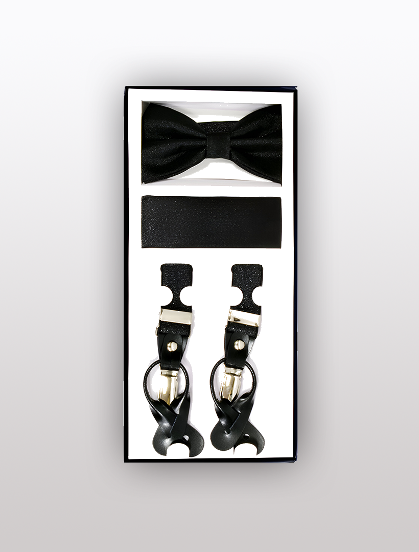Explore the ideal gift set from Vesuvio Napoli: the Men's Skinny Metallic Black 3 Piece Suspenders Set. This elegant collection includes a boxed black bow tie and pocket square, complemented by adjustable Y-back suspenders with silver clasps and a sleek black belt. Perfect for any occasion, this ensemble ensures style and elegance in every detail.