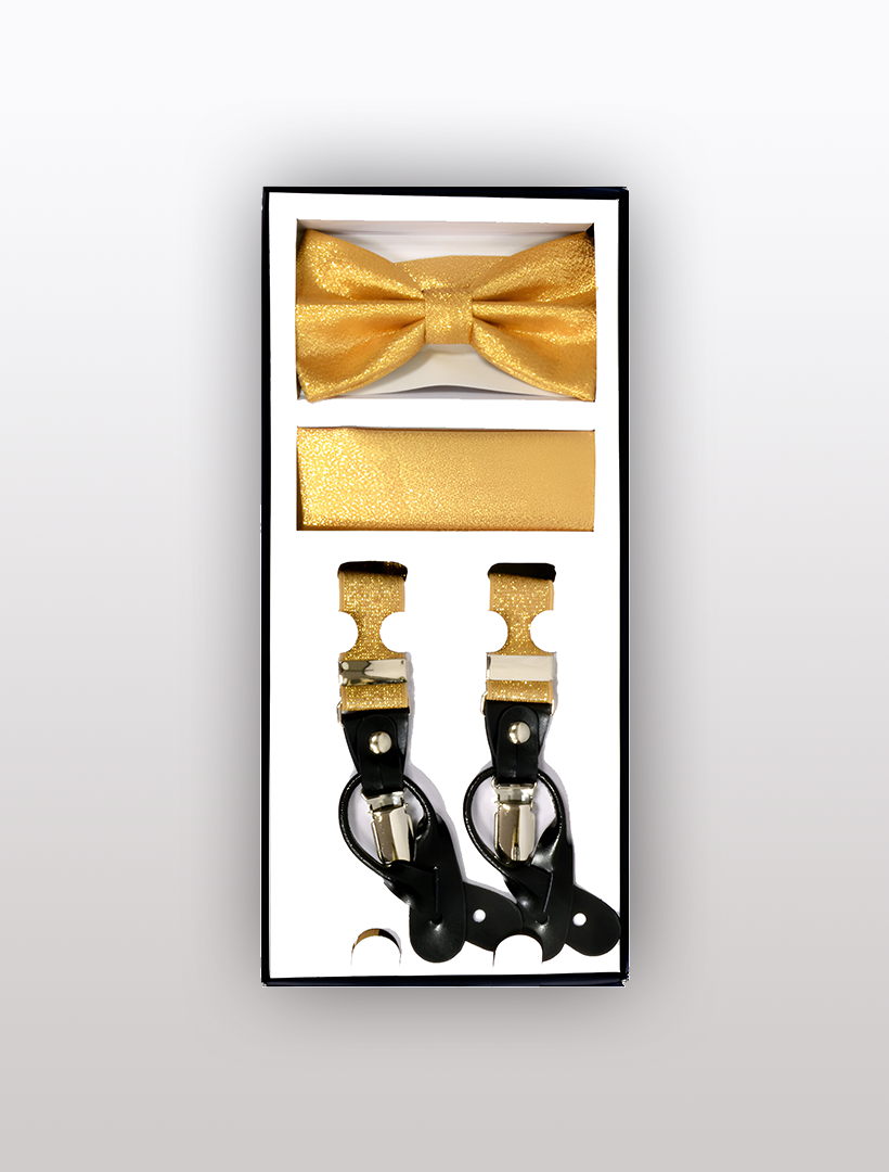Introducing the Men's Skinny Metallic Gold 3 Piece Suspenders Set by Vesuvio Napoli, featuring a gold bow tie, a gold pocket square, and adjustable Y-back black suspenders with gold clips.