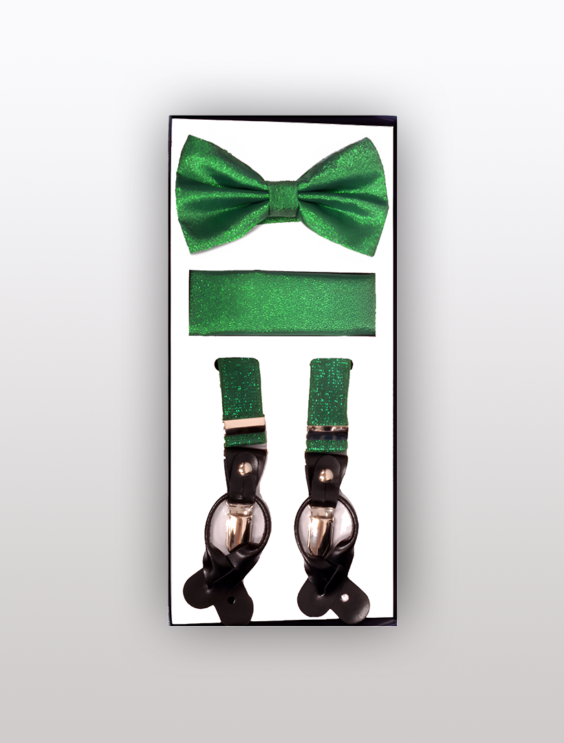 Introducing the Vesuvio Napoli Men's Skinny Metallic Green 3 Piece Suspenders Set, which includes a green bow tie, a matching green pocket square, and black adjustable suspenders with leather straps and green detailing.