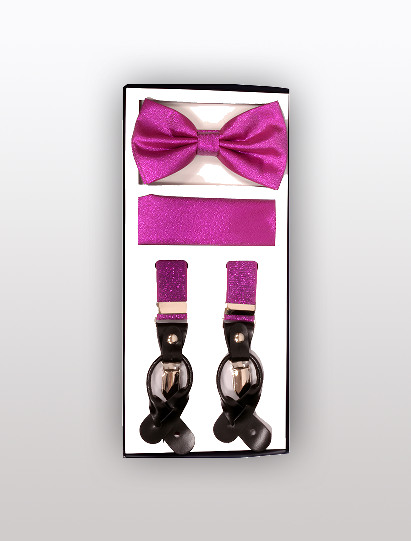 This stylish gift set, offered by Vesuvio Napoli, features a skinny metallic hot pink theme and includes adjustable suspenders with elastic button and clip convertible options, all elegantly packaged in a boxed set.