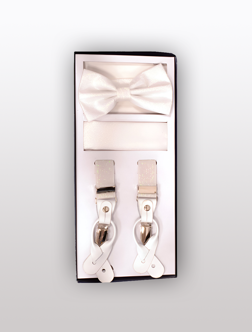 The Vesuvio Napoli Men's Skinny Metallic Pearl 3 Piece Suspenders Set, featuring a white bow tie and suspenders, is elegantly presented in a black-framed box against a light background.