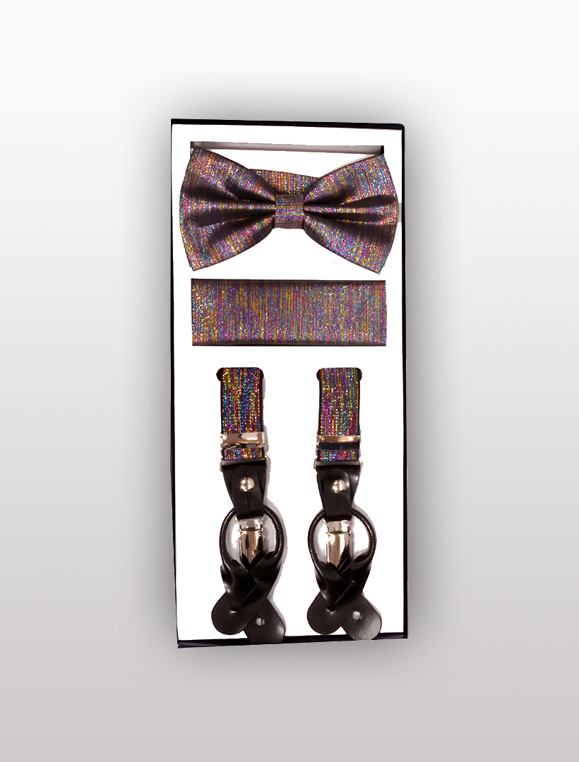 A Vesuvio Napoli Men's Skinny Rainbow 3 Piece Suspenders Set, featuring a glittery bow tie, cummerbund, and adjustable Y-back suspenders with elastic button and clip convertible options, displayed on a white background.