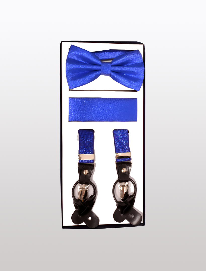 A neatly arranged gift set featuring a bow tie, pocket square, and adjustable Y-back suspenders in a metallic royal blue, all elegantly displayed in a box from the Vesuvio Napoli Men's Skinny Metallic Royal Blue 3 Piece Suspenders Set.