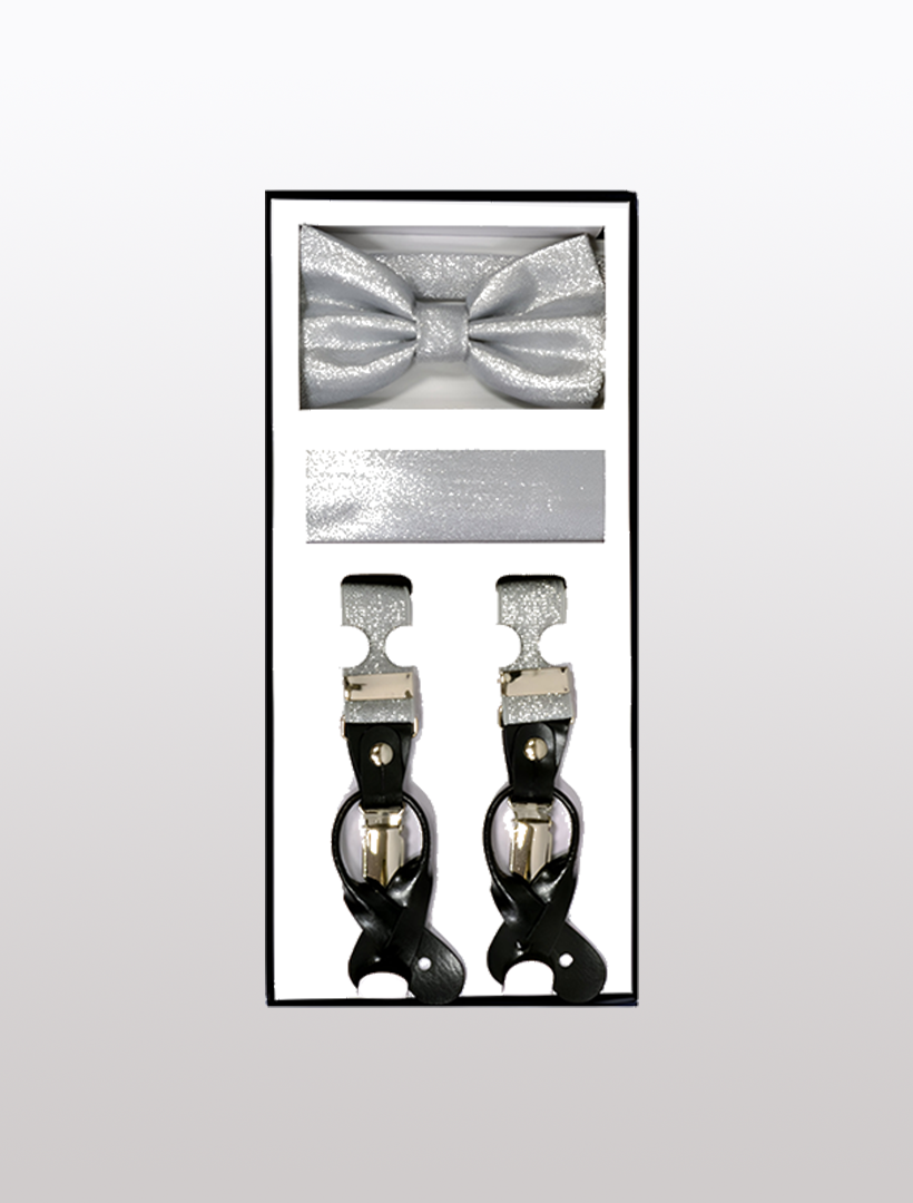 The Vesuvio Napoli Men's Skinny Metallic Silver 3 Piece Suspenders Set features an adjustable Y-back bow tie, a matching pocket square, and black suspenders with silver clips.