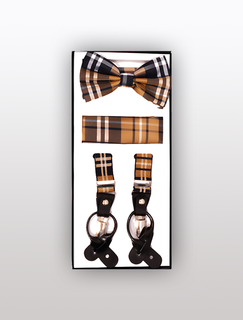 The Vesuvio Napoli Men's Skinny Plaid Brown 3 Piece Suspenders Set includes a plaid bow tie, pocket square, and adjustable suspenders, all elegantly presented in a box with a white background.
