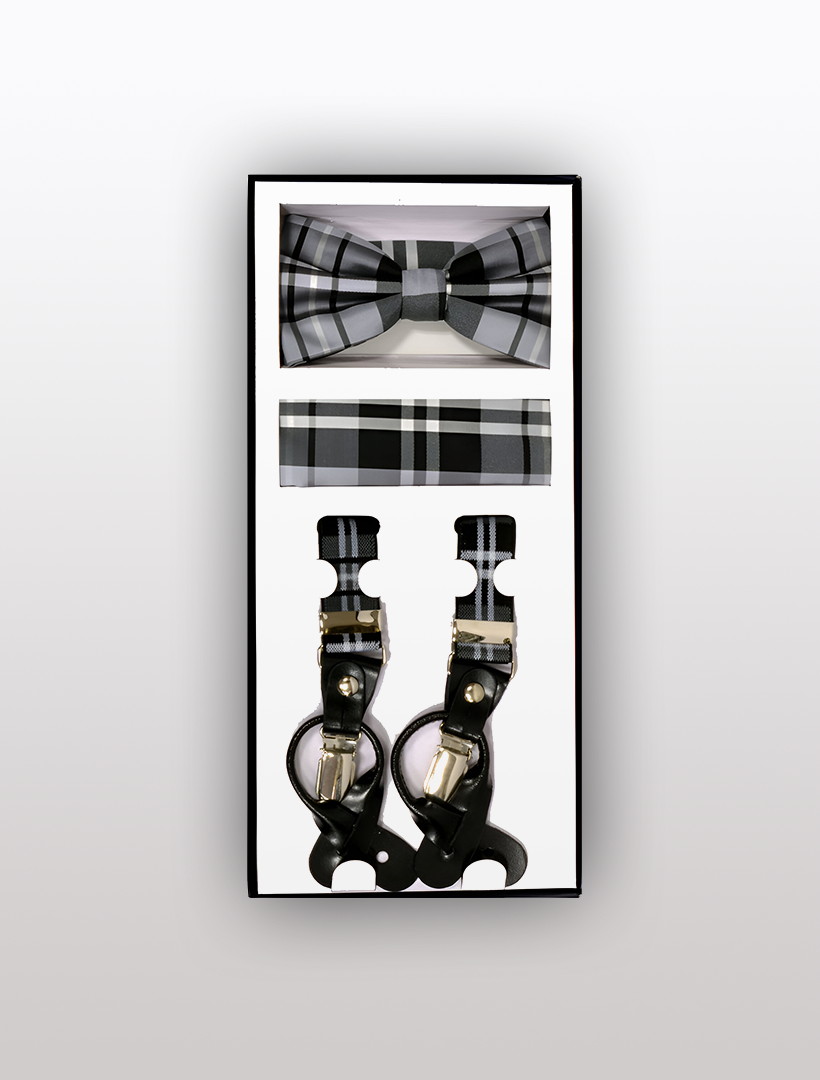 Experience the Vesuvio Napoli Men's Skinny Plaid Grey 3 Piece Suspenders Set, a sophisticated gift ensemble comprising a plaid bow tie, coordinating pocket square, and convertible elastic Y-back suspenders with leather and metal clasps.