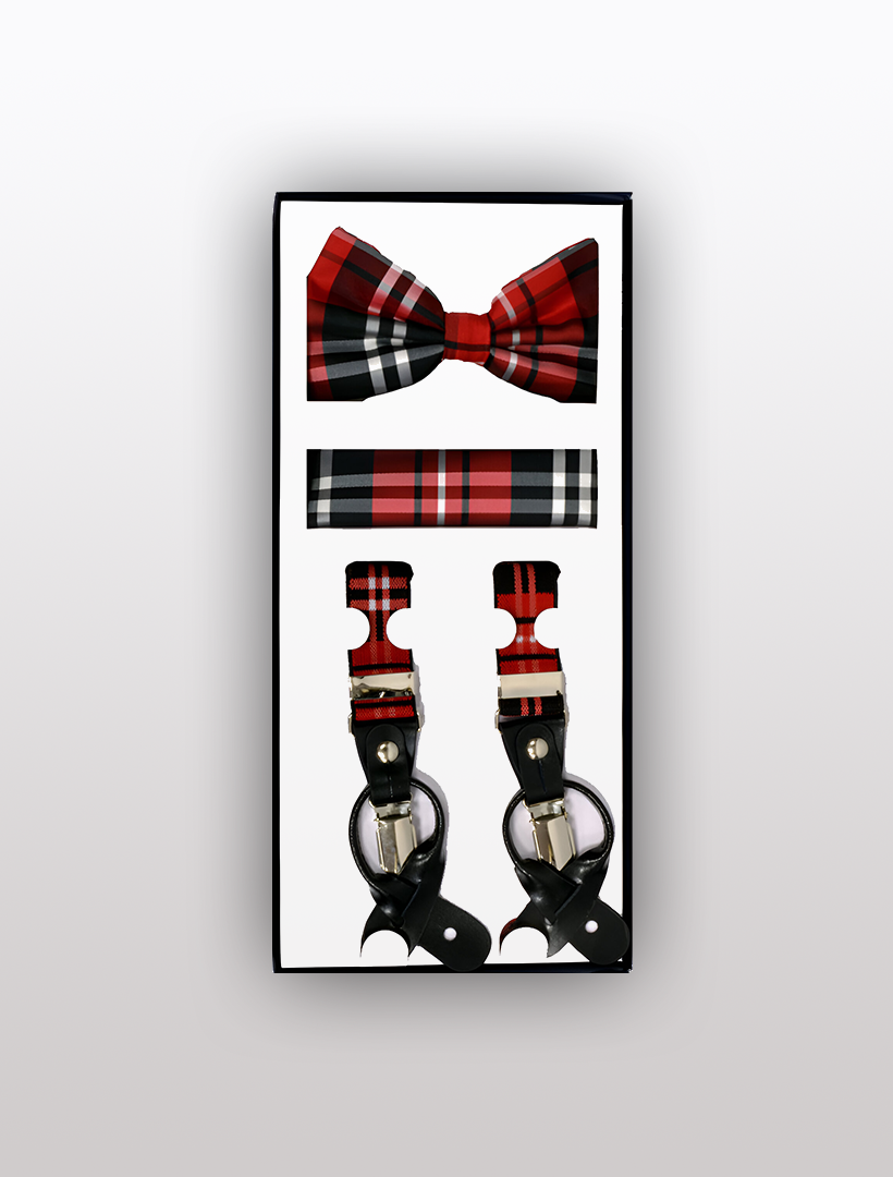 Introducing the Men's Skinny Plaid Red 3 Piece Suspenders Set by Vesuvio Napoli, which includes a chic red plaid bow tie, a coordinating pocket square, and adjustable suspenders adorned with black leather accents.