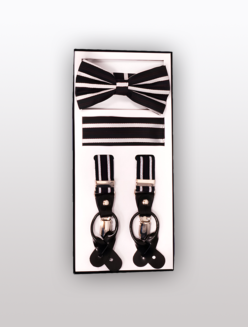 Introducing the Vesuvio Napoli Men's Skinny Black 3 Piece Suspenders Set, which includes a classic black and white striped bow tie, a matching pocket square, and a pair of adjustable Y-back suspenders with elastic button and clip convertible leather attachments.