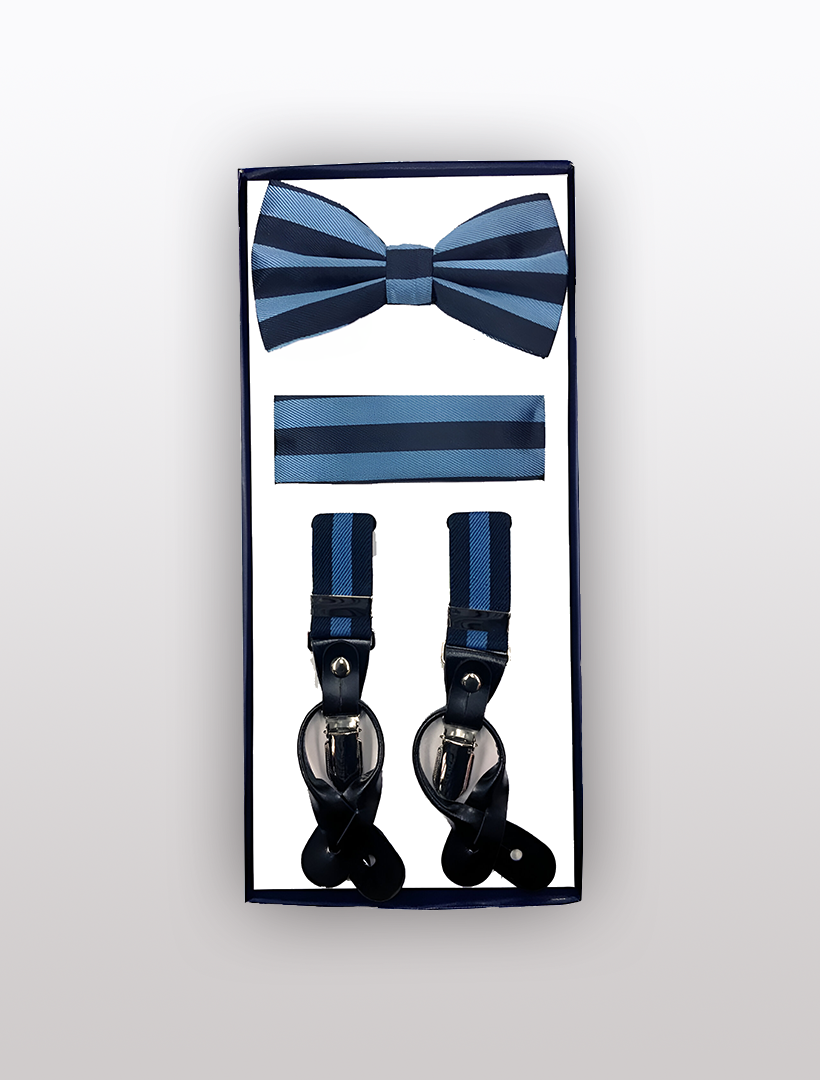 Introducing the Vesuvio Napoli Men's Skinny Blue 3 Piece Suspenders Set, complete with a chic striped blue bow tie, a coordinating pocket square, and versatile Y-back suspenders featuring both button and metal clip options.