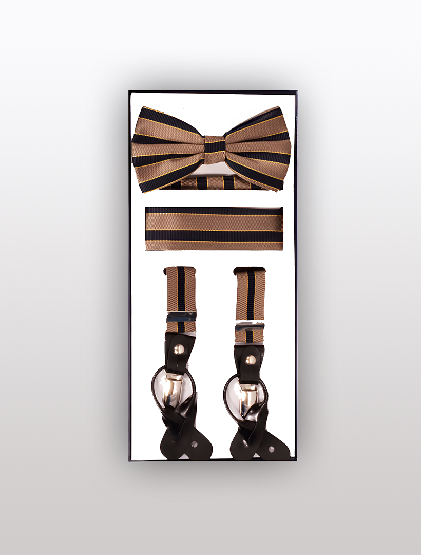 The Men's Skinny Beige 3 Piece Suspenders Set by Vesuvio Napoli is an exquisite gift set, including an adjustable cummerbund, suspenders, and a chic bow tie adorned in brown and black stripes. Elegantly presented in a stylish box, it makes the perfect gift for style enthusiasts.