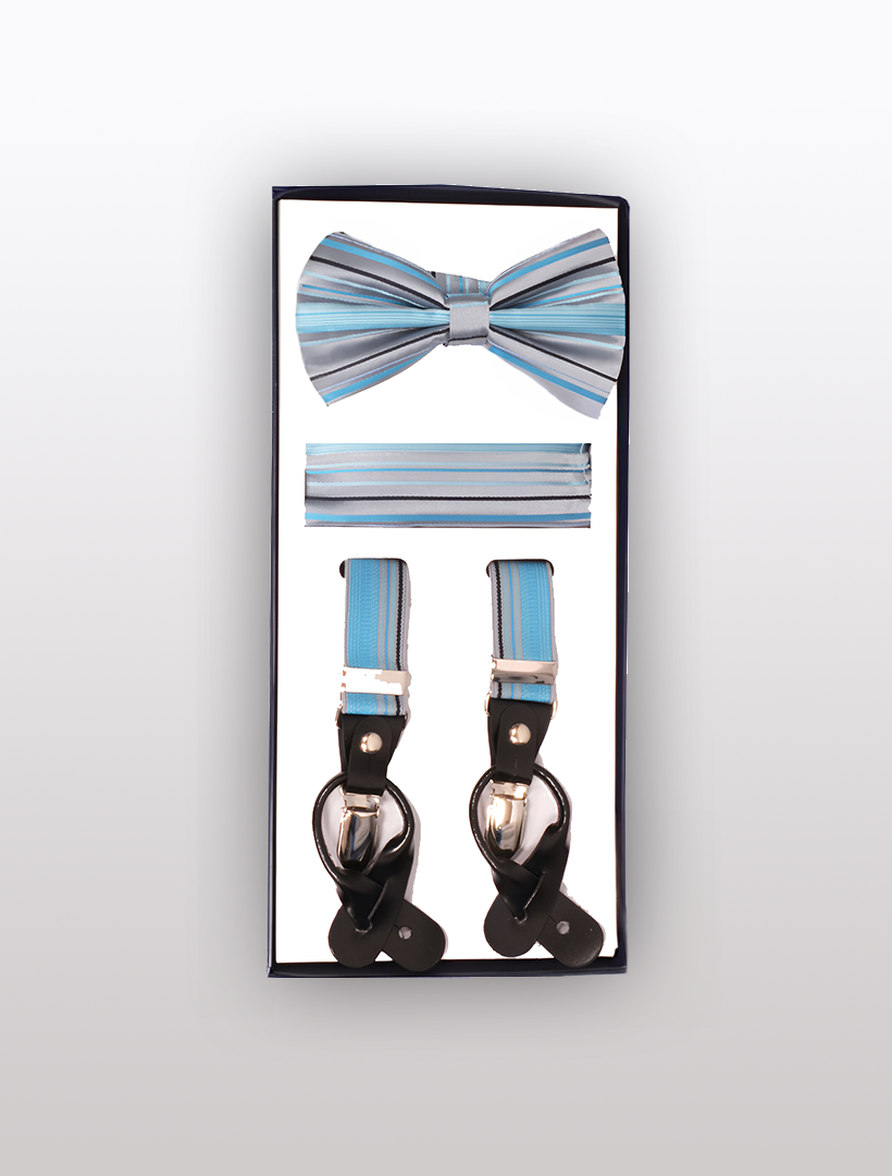 Introducing the Vesuvio Napoli Men's Skinny Grey 3 Piece Suspenders Set, a chic gift ensemble featuring a sleek gray-striped bow tie, a coordinating pocket square, and adjustable blue suspenders with elegant black leather accents.