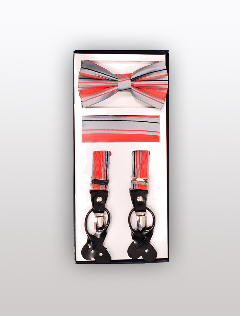 The Men's Skinny Peach 3 Piece Suspenders Set by Vesuvio Napoli features a boxed set including a red, gray, and white striped bow tie, a matching cummerbund, and adjustable Y-back suspenders with black leather accents.