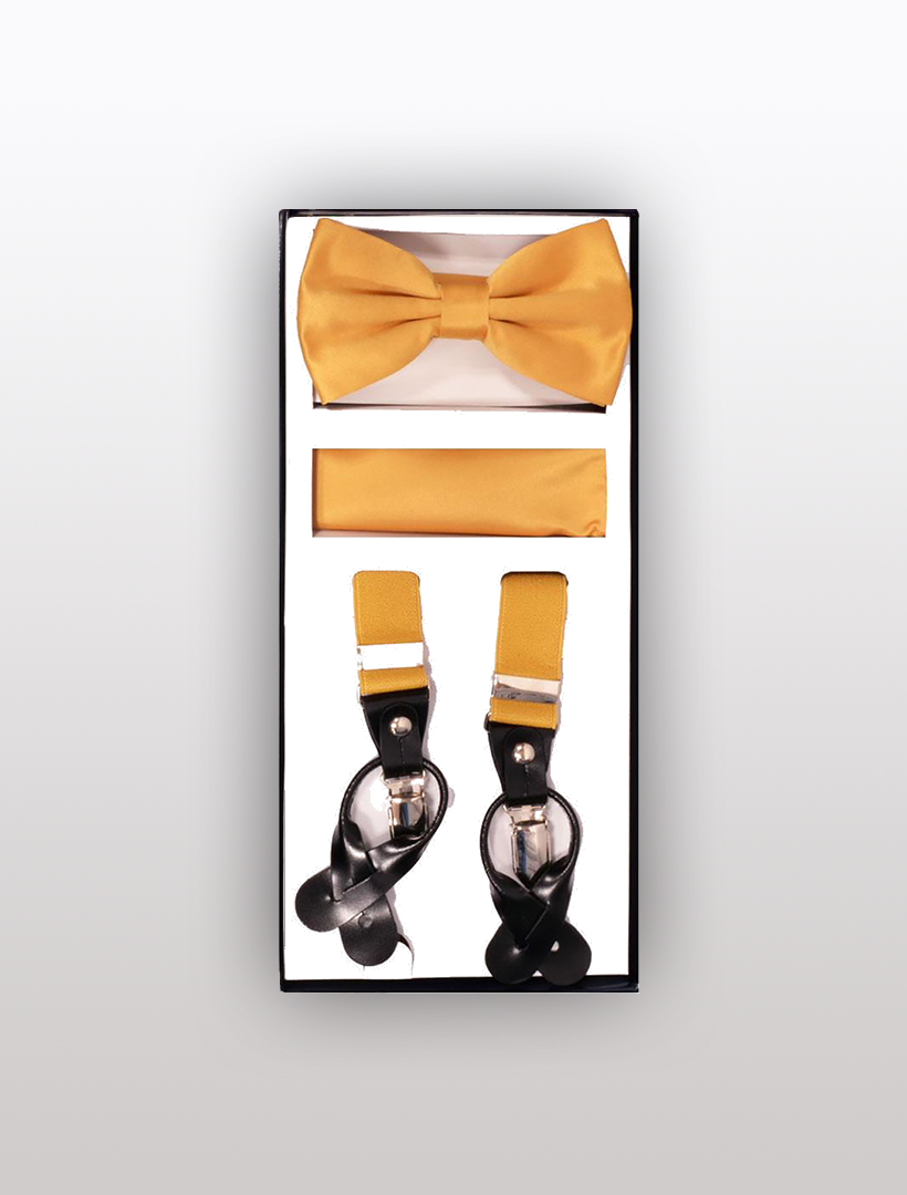 The Vesuvio Napoli Men's Skinny Gold 3 Piece Suspenders Set includes an elegant yellow bow tie, a matching pocket square, and adjustable Y-back suspenders featuring black and silver clips.