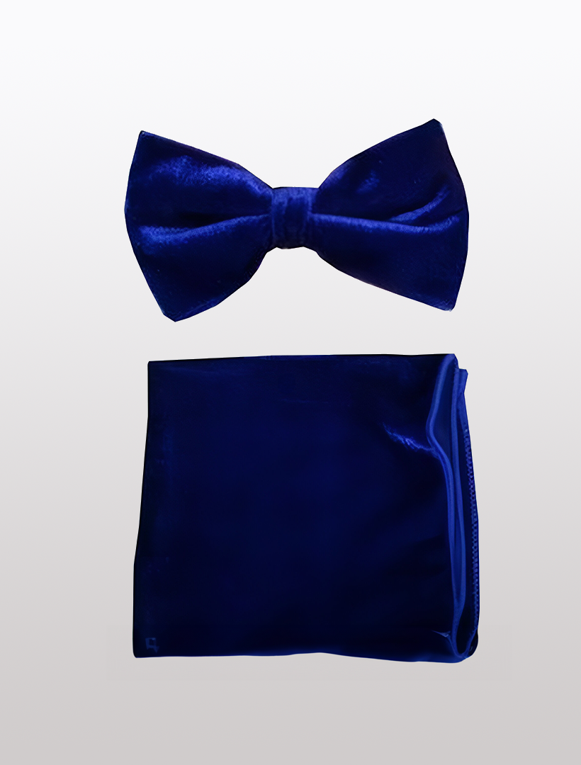 A Royal Blue Velvet Bowtie and Hanky by Ckl, featuring a pre-tied bow tie with an adjustable fit and a matching pocket square, set against a white background.