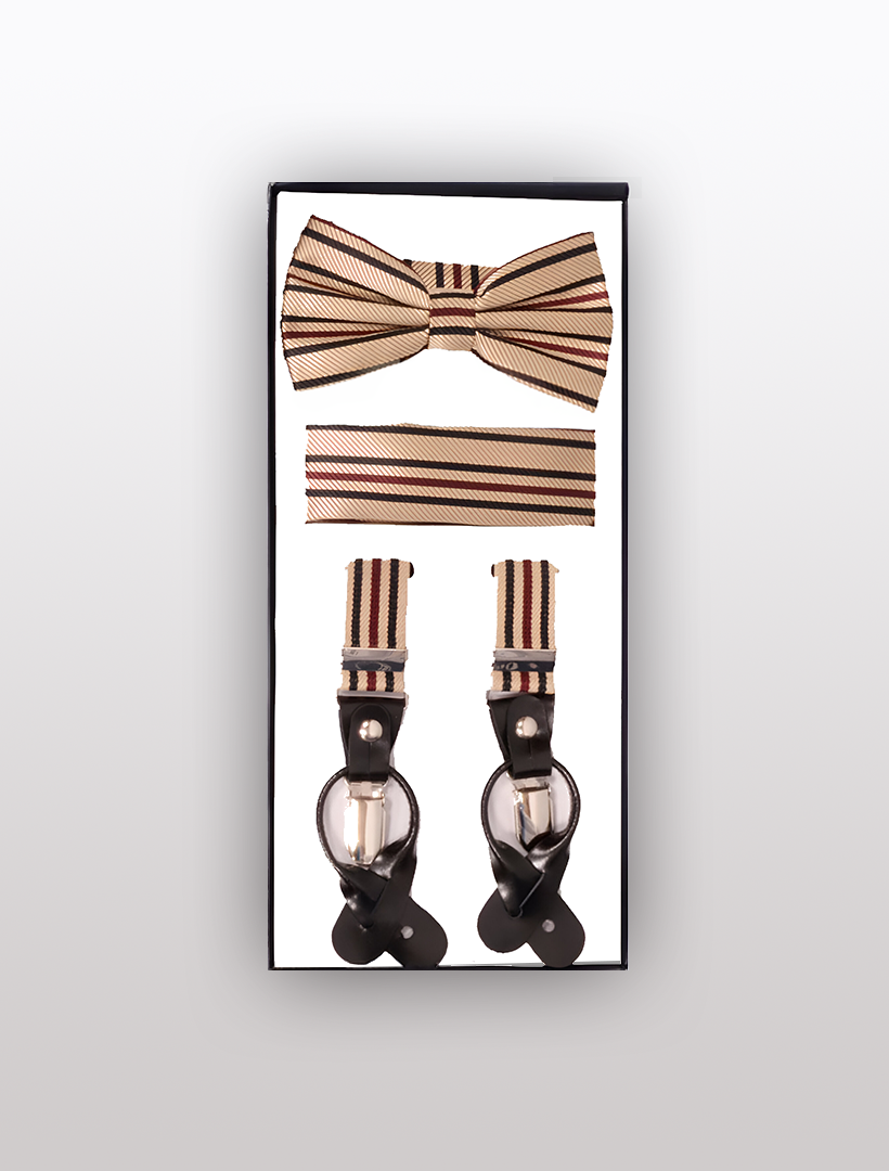 Gift set featuring the Vesuvio Napoli Men's Skinny Beige 3 Piece Suspenders Set, complete with adjustable suspenders, a striped bow tie, and a pocket square in brown, beige, and red tones.