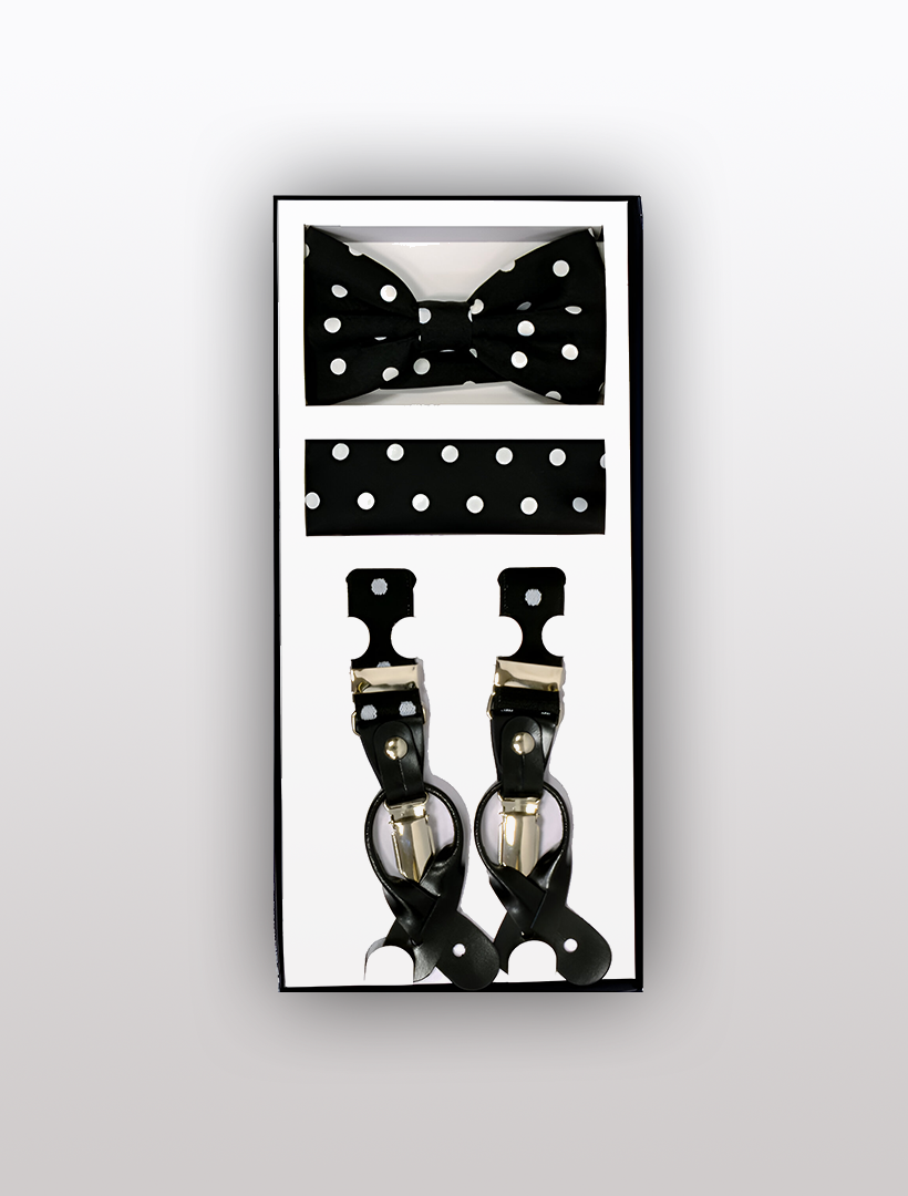 Men's Skinny Polka Dot Black 3 Piece Suspenders Set by Vesuvio Napoli, featuring a bow tie, pocket square, and adjustable Y-back suspenders in a display box, ideal for the perfect gift.