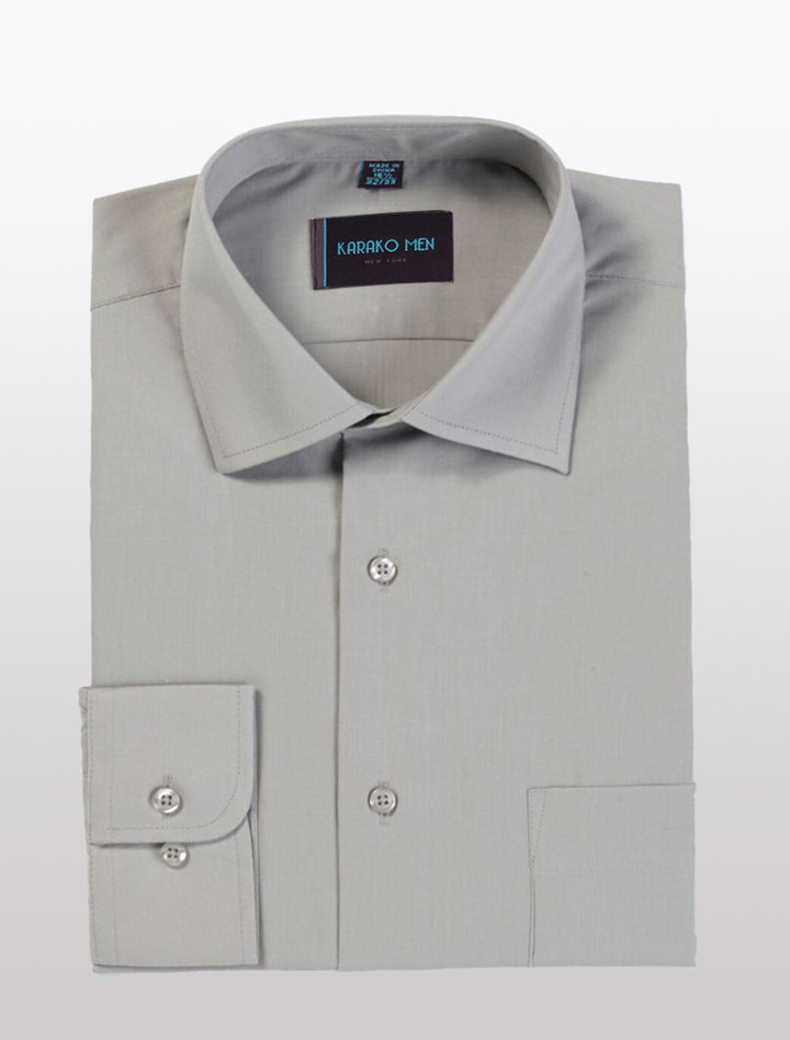 The Karako Men Light Grey Dress Shirt is showcased against a plain background. Perfect for any occasion, this men&