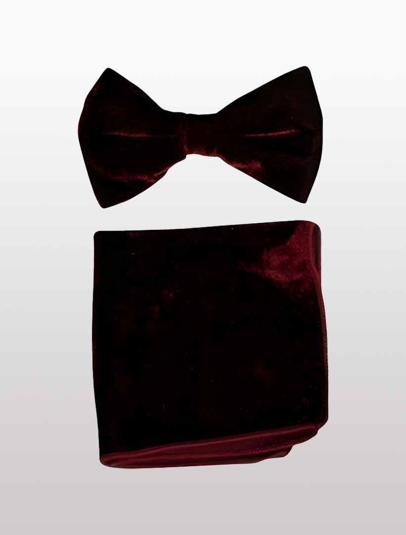 A chic Burgundy Velvet Bowtie and Hanky set by Ckl, featuring an adjustable fit, elegantly positioned on a plain background.