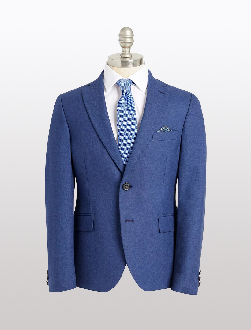 The Boy's Bright Navy Stretch Suit by Ralph Lauren, displayed on a mannequin with a coordinating tie and pocket square, exudes timeless elegance with its classic fit against a plain background.