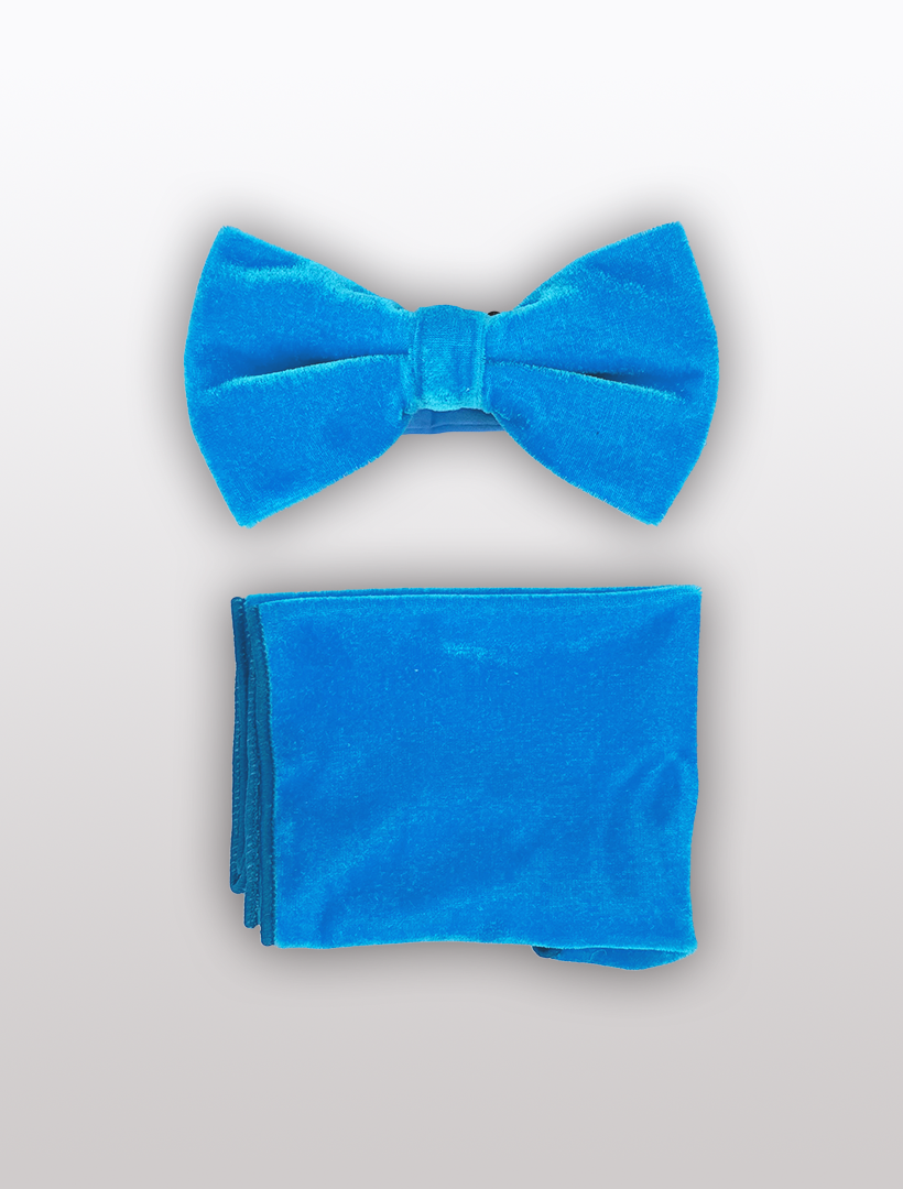 Turquoise Velvet Bowtie and Hanky set by Ckl, featuring an adjustable fit and a matching pocket square, showcased on a light gray background.