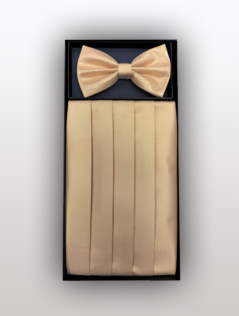 A sophisticated set featuring a metallic gold silk bow tie and matching cummerbund by Vesuvio Napoli, elegantly presented in a sleek black box.