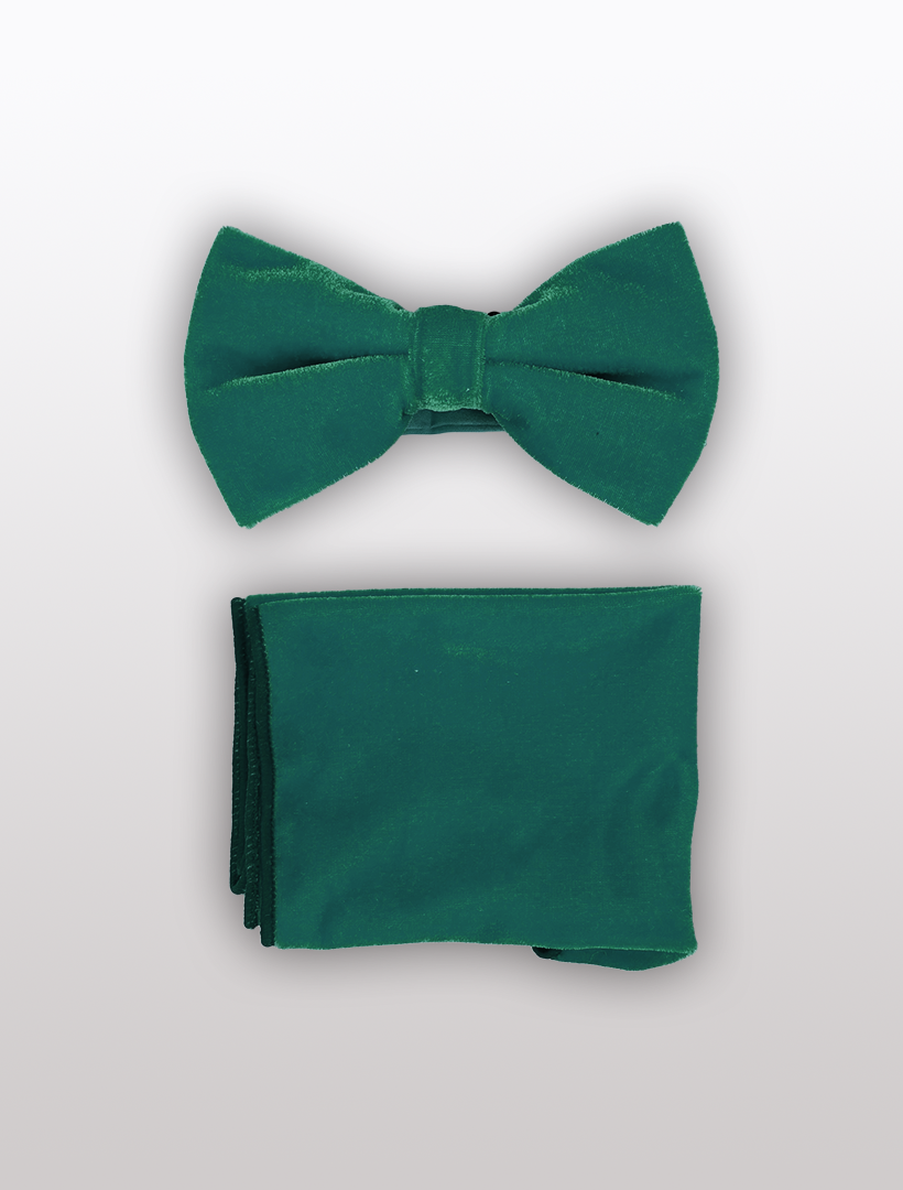 Introducing the "Emerald Green Velvet Bowtie and Hanky" by Ckl, featuring an adjustable fit bow tie paired perfectly with a matching pocket square, all set against a light gray background.
