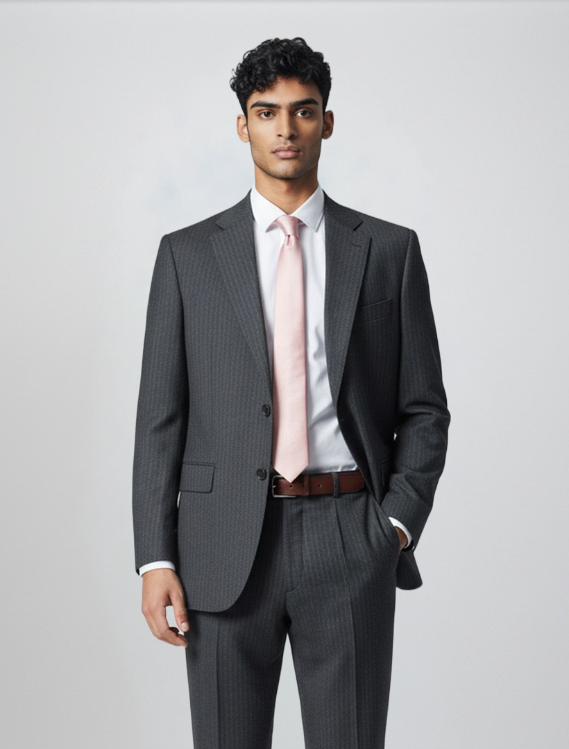 A man stands against a plain background wearing the Douglas Grahame Men’s Grey Chalk Stripe Wool Slim Fit Suit, paired with a crisp white dress shirt and a light pink tie—an ideal choice for a stylish wedding suit for men or as one of this season’s sharpest prom looks. One hand rests casually in his pocket, underscoring timeless sophistication.