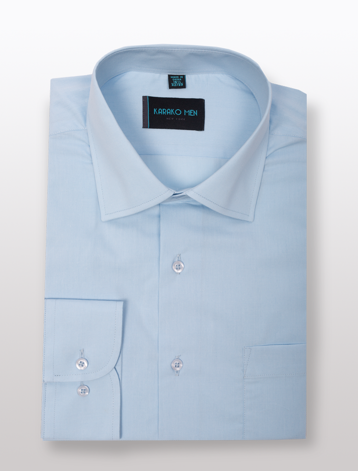 The Karako Men Light Blue Dress Shirt, featuring a slim-fit and button-down design, is elegantly displayed on a white background.
